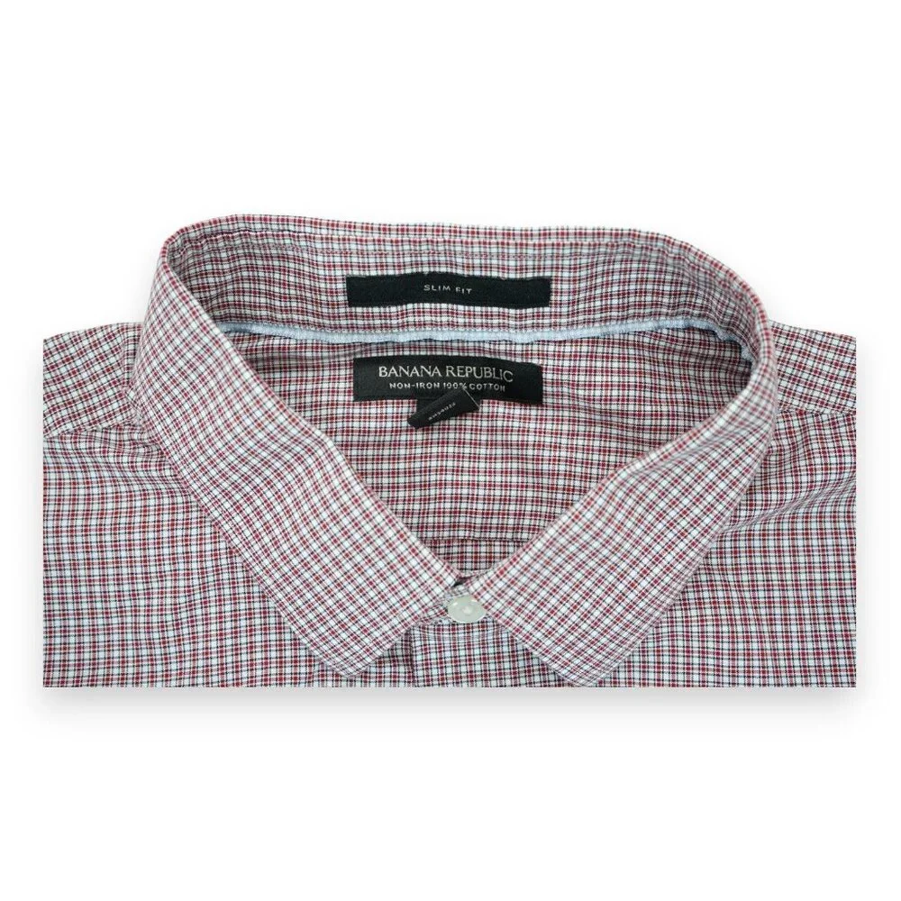Banana Republic Mens‎ Large Red Plaid Non Iron Slim Fit Long Sleeve Shirt